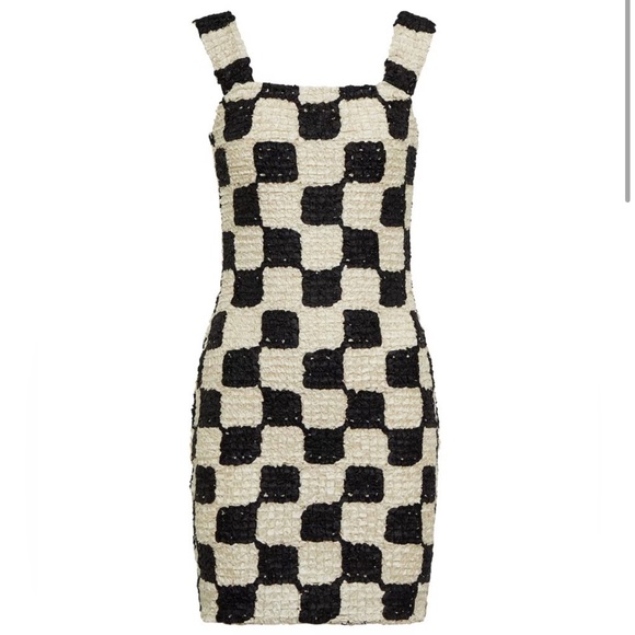 Nanushka Dresses & Skirts - Nanushka Najya Black Cream Checked Square Neck Recycled Ribbons Mini Dress M
